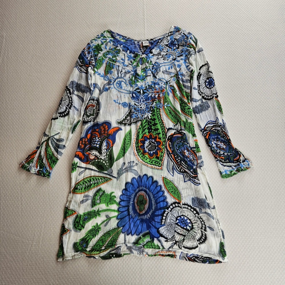 Raj Women Blue Green Floral Cotton Embroidered Boho Tunic Top Small Handmade